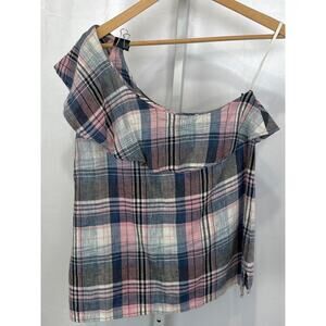 CLOTH & STONE One Shoulder Ruffle Top Plaid Pink Gray Size M